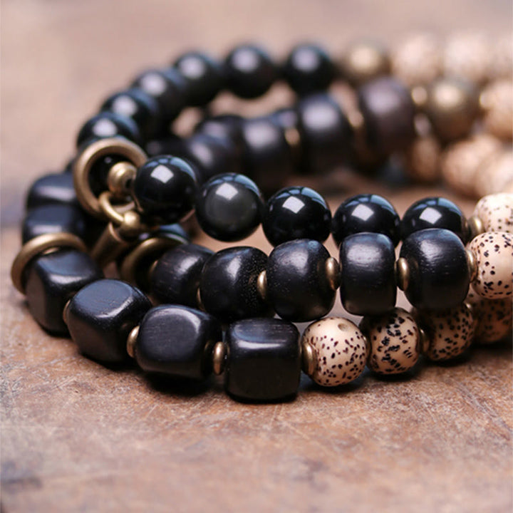 BWOOOH Tibetan Bodhi Seed Black Obsidian Ebony Wood Copper Peace Bracelet