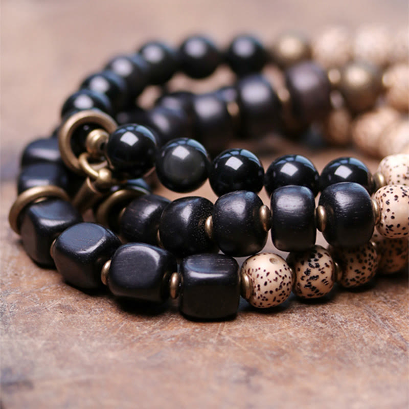 BWOOOH Tibetan Bodhi Seed Black Obsidian Ebony Wood Copper Peace Bracelet