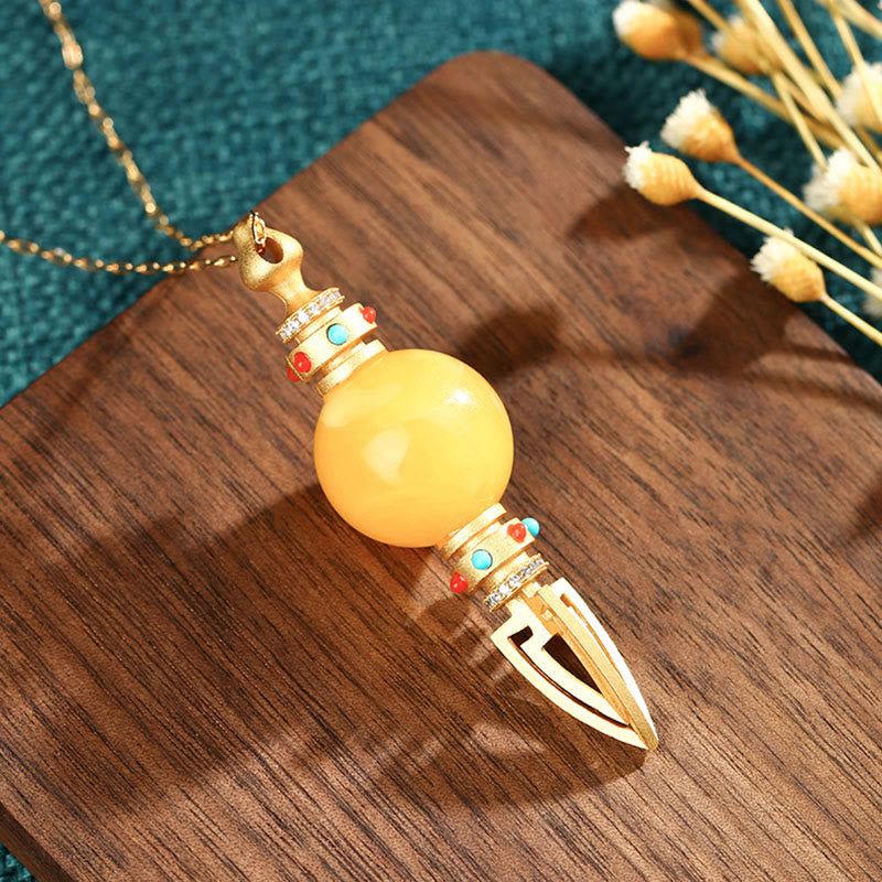 BWOOOH 24K Gold Plated Amber Dorje Vajra Clear Anxiety Necklace Pendant