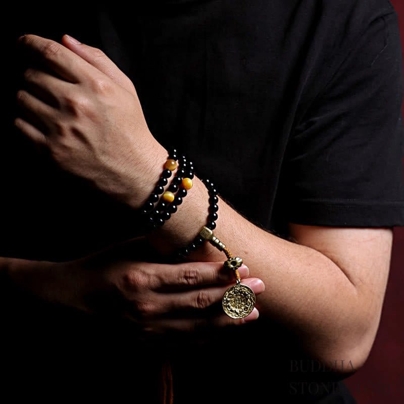 BWOOOH Tibetan 108 Mala Beads Black Onyx Tiger Eye Nine Palaces Bagua Protection Bracelet