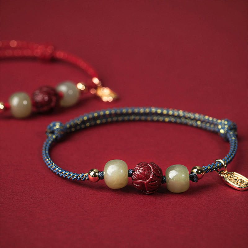 BWOOOH 14K Gold Plated Hetian Jade Cinnabar Lotus Luck Handcrafted Rope Bracelet  -  Gold Plated jade bracelet for spiritual...