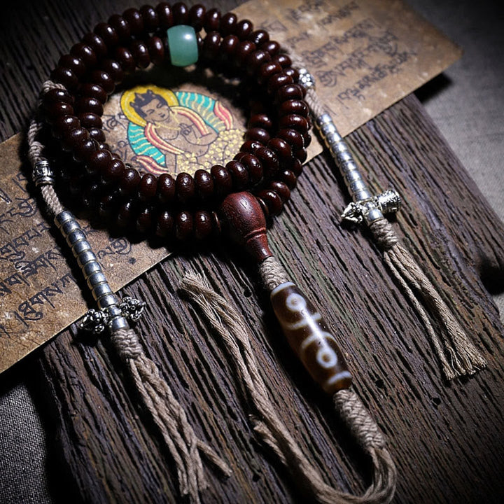 BWOOOH Natural Tibet 108 Mala Beads Purple Bodhi Seed Three-eyed Dzi Bead Copper Dorje Harmony Bracelet