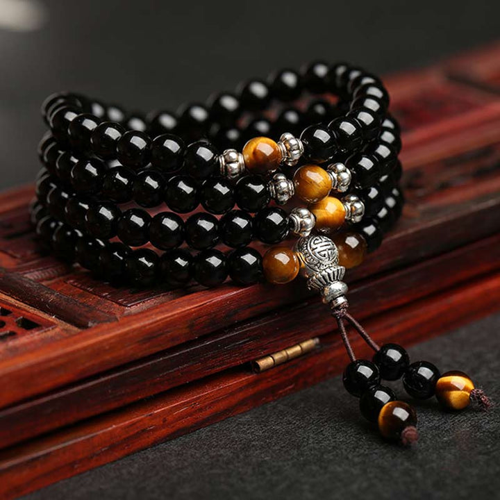 BWOOOH Black Obsidian Tiger Eye Blessing Mala Bracelet