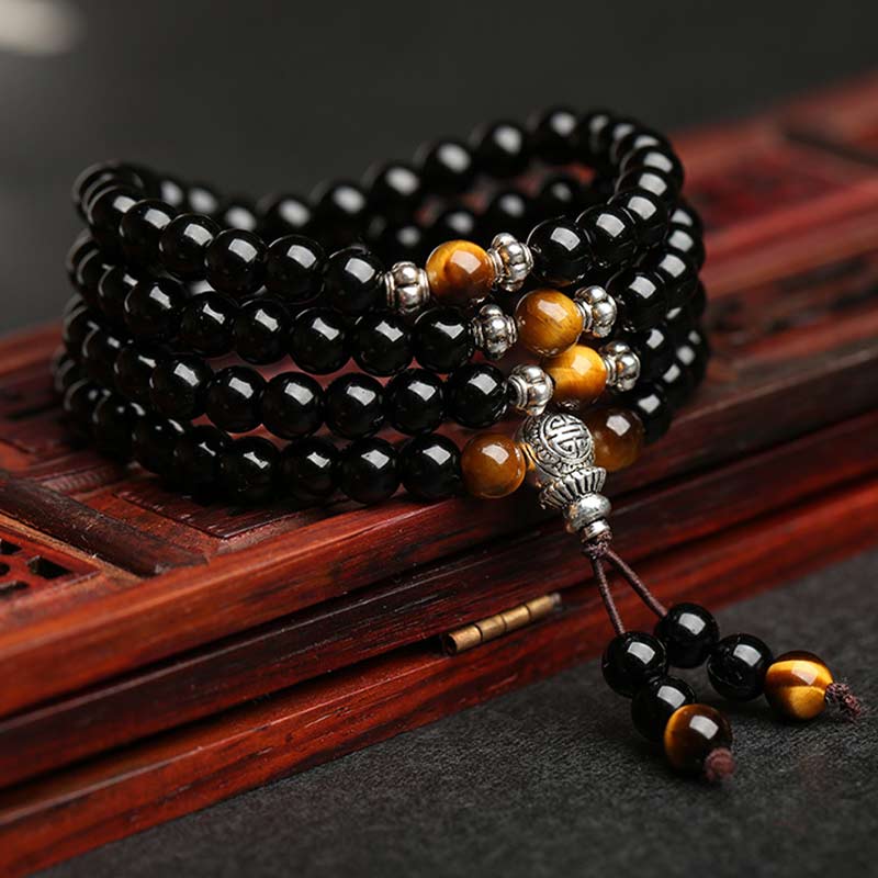BWOOOH Black Obsidian Tiger Eye Blessing Mala Bracelet
