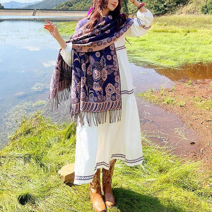 BWOOOH Tibetan Flower Floral Leaves Pattern Design Shawl 