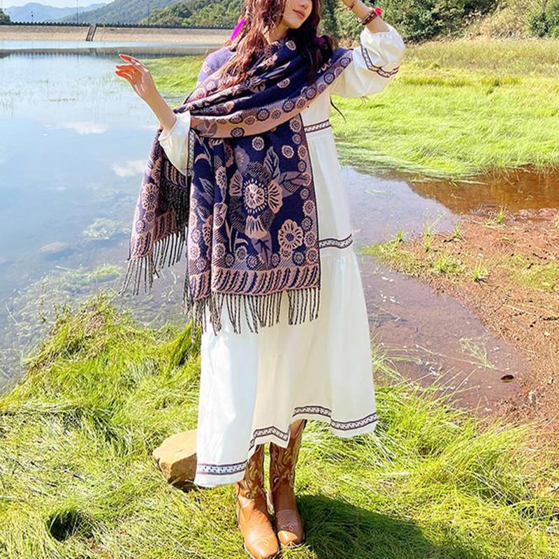 BWOOOH Tibetan Flower Floral Leaves Pattern Design Shawl 