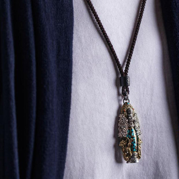Buddha Stones Tibetan Nine-Eye Dzi Bead Turquoise Buddha Wealth Rotation Necklace (Extra 30% Off | USE CODE: FS30)