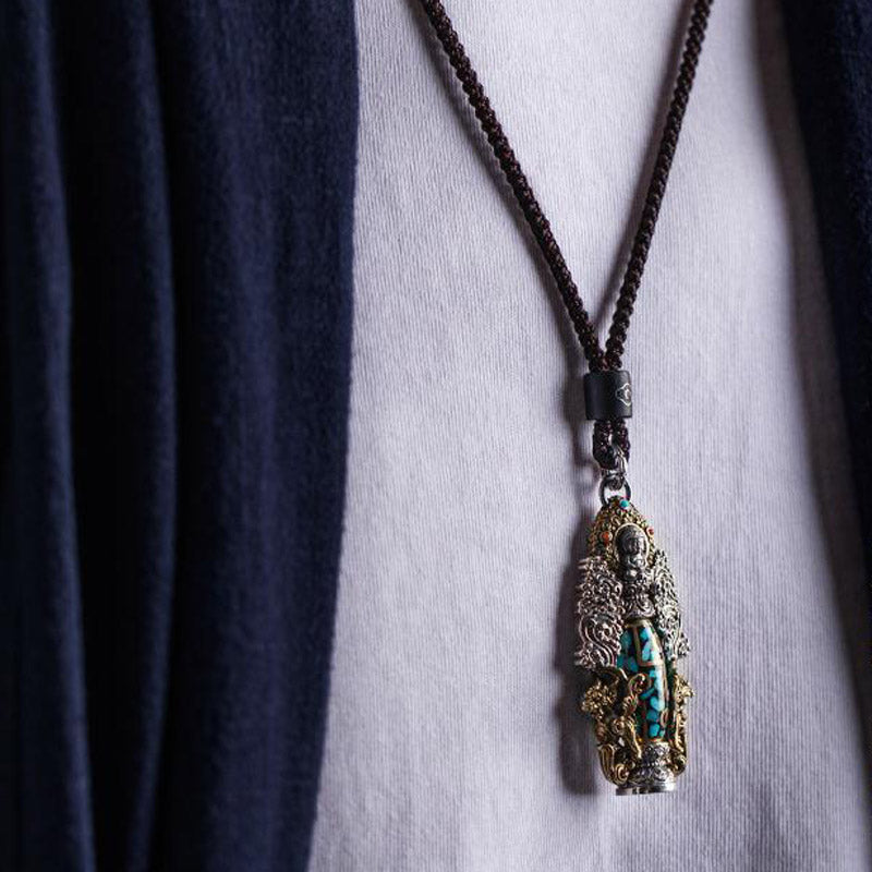 Buddha Stones Tibetan Nine-Eye Dzi Bead Turquoise Buddha Wealth Rotation Necklace (Extra 30% Off | USE CODE: FS30)