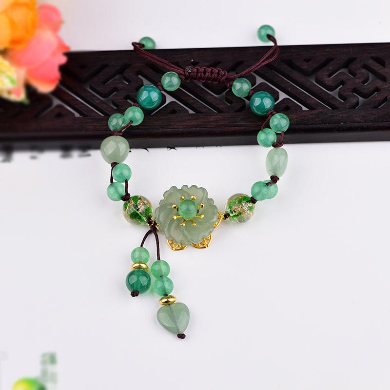 BWOOOH Natural Green Jade Luck Dangling Flower Bracelet