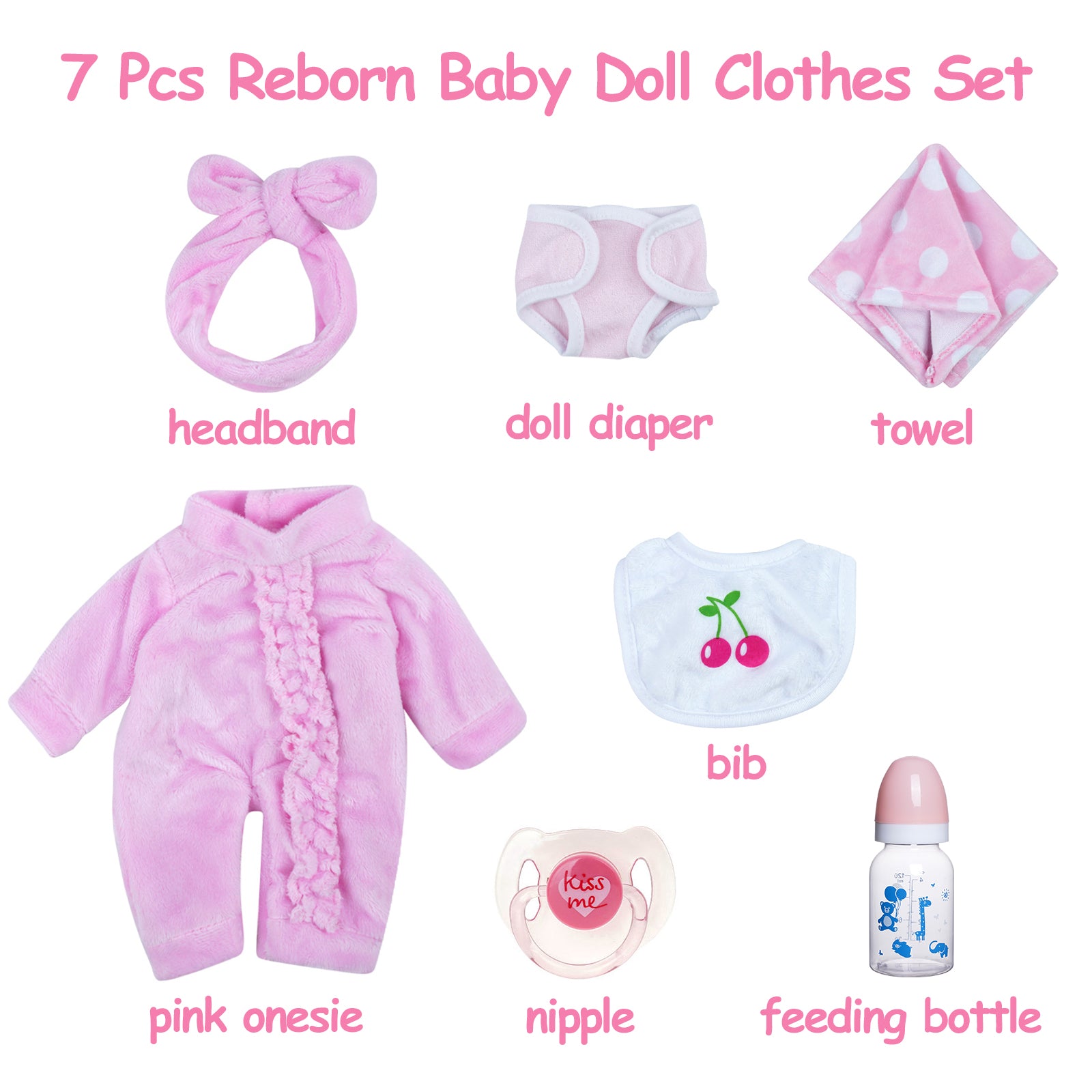 10-12 Inches Accessories Pink Reborn Essential Pink Clothes Gift 7 Pcs Set