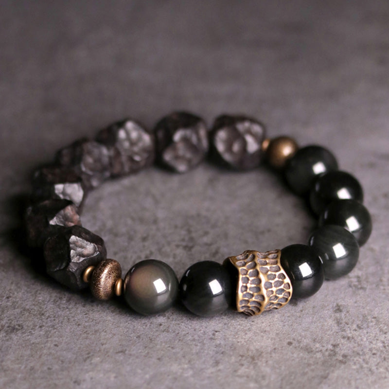 BWOOOH Black Obsidian Ebony Wood Copper Strength Couple Bracelet