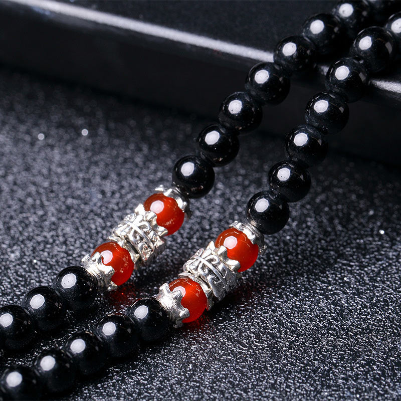BWOOOH 108 Beads Natural Black Obsidian Tiger Eye Red Agate Mala Bracelet