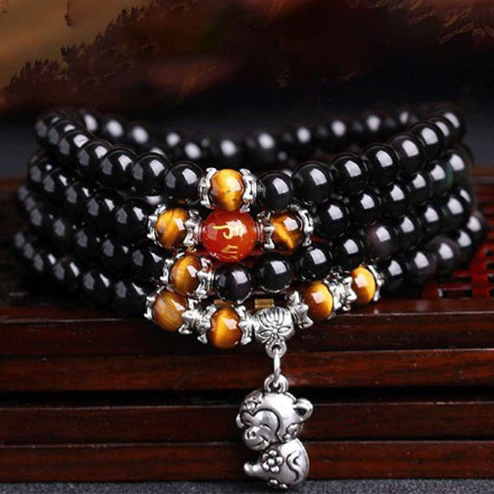 BWOOOH Chinese Zodiac 108 Beads Black Obsidian Tiger Eye Fortune Mala Bracelet