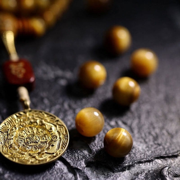 BWOOOH 108 Mala Beads Natural Tiger Eye Copper Dorje Protection Tassel Bracelet