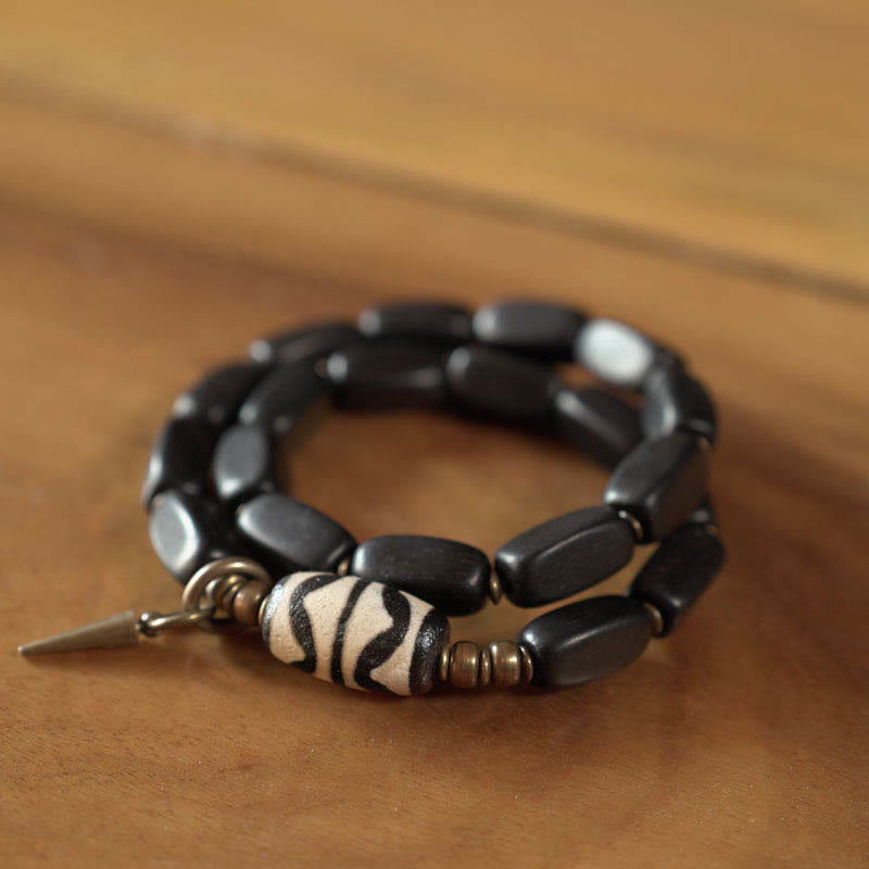 BWOOOH Tibet Ebony Wood Dzi Bead Copper Balance Double Wrap Bracelet