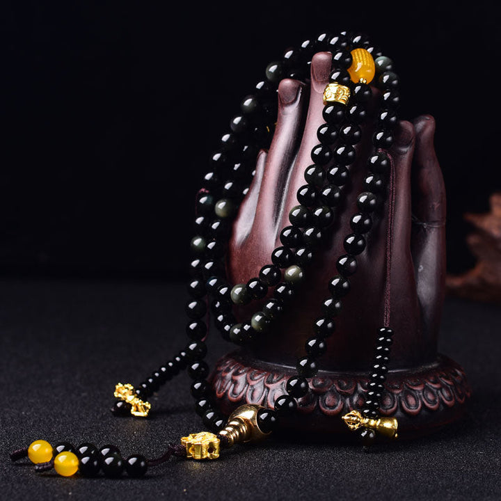 BWOOOH 108 Beads Natural Black Obsidian Lotus Fulfilment Mala Bracelet