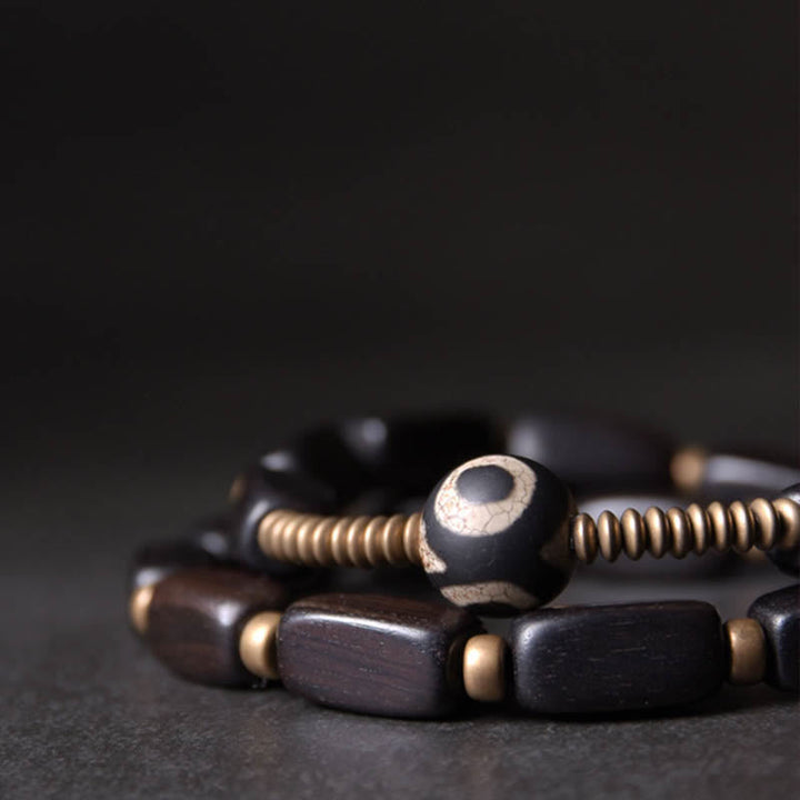 BWOOOH Tibet Ebony Wood Dzi Bead Copper Balance Double Wrap Bracelet