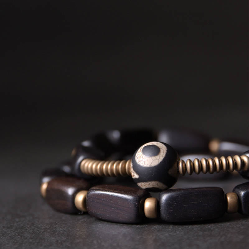 BWOOOH Tibet Ebony Wood Dzi Bead Copper Balance Double Wrap Bracelet