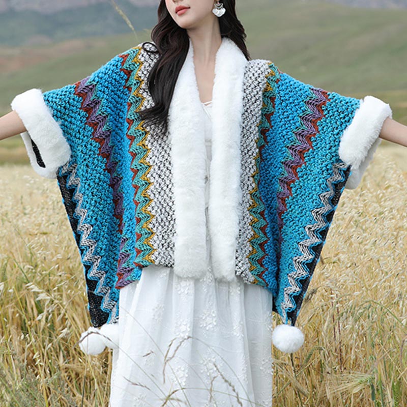 BWOOOH Tibetan Multicolored Wavy Lines Knitted Striped Sh