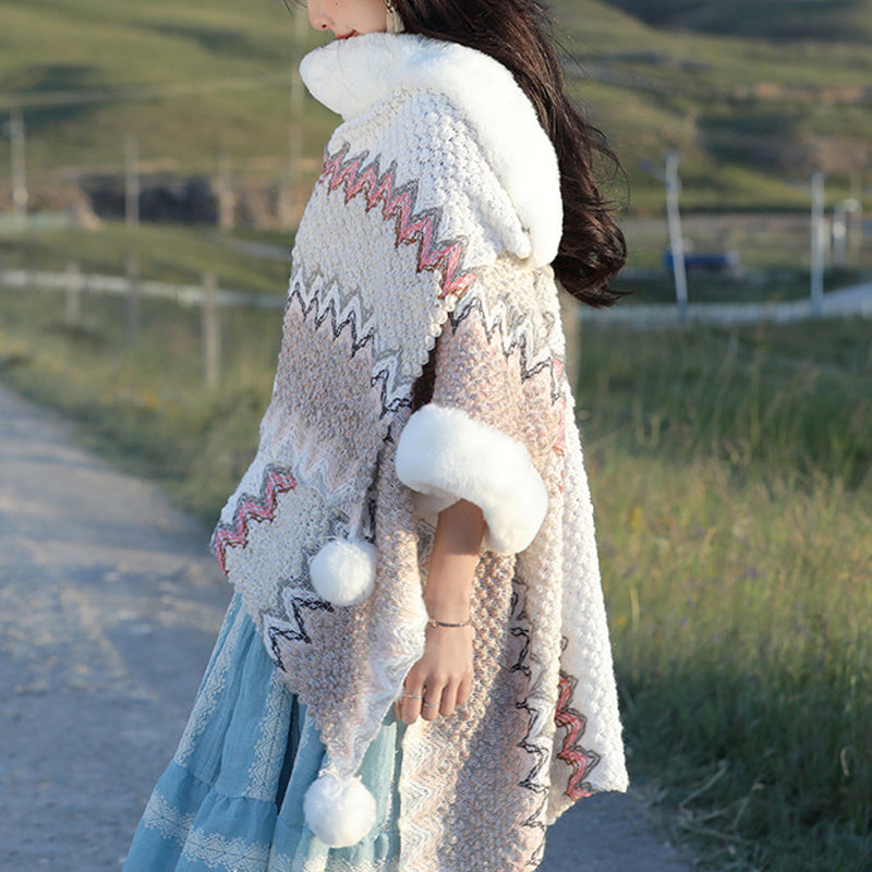 BWOOOH Tibetan Multicolored Wavy Lines Knitted Striped Sh