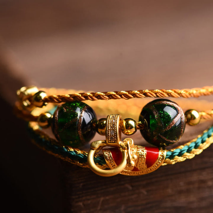 BWOOOH Tibetan Handmade Rope Liuli Glass Bead Braided Multilayered Healing Bracelet