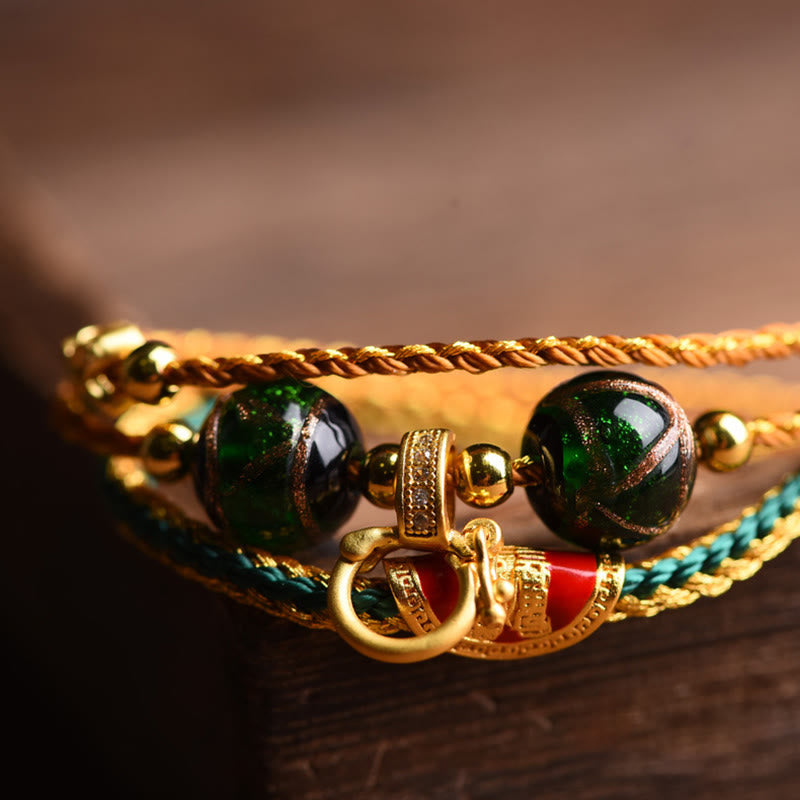 BWOOOH Tibetan Handmade Rope Liuli Glass Bead Braided Multilayered Healing Bracelet