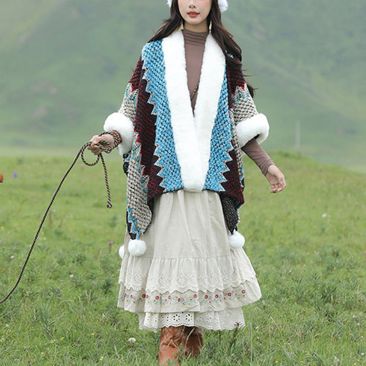 BWOOOH Tibetan Multicolored Wavy Lines Knitted Striped Sh