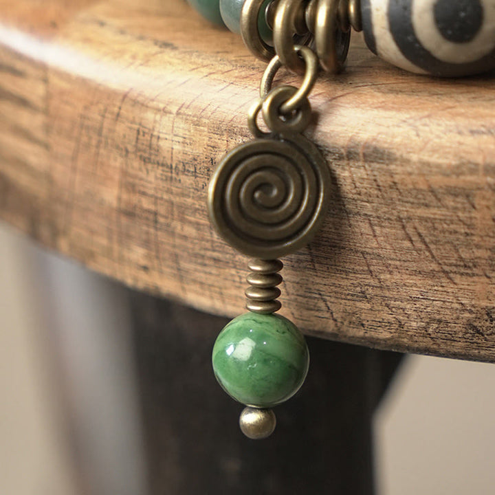 Buddha Stones Cyan Bodhi Seed Dzi Bead Wisdom Peace Triple Wrap Bracelet