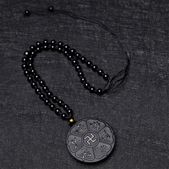 BWOOOH Natural Black Obsidian Tibetan Om Mani Padme Hum Buddha Swastika Luck Necklace Pendant