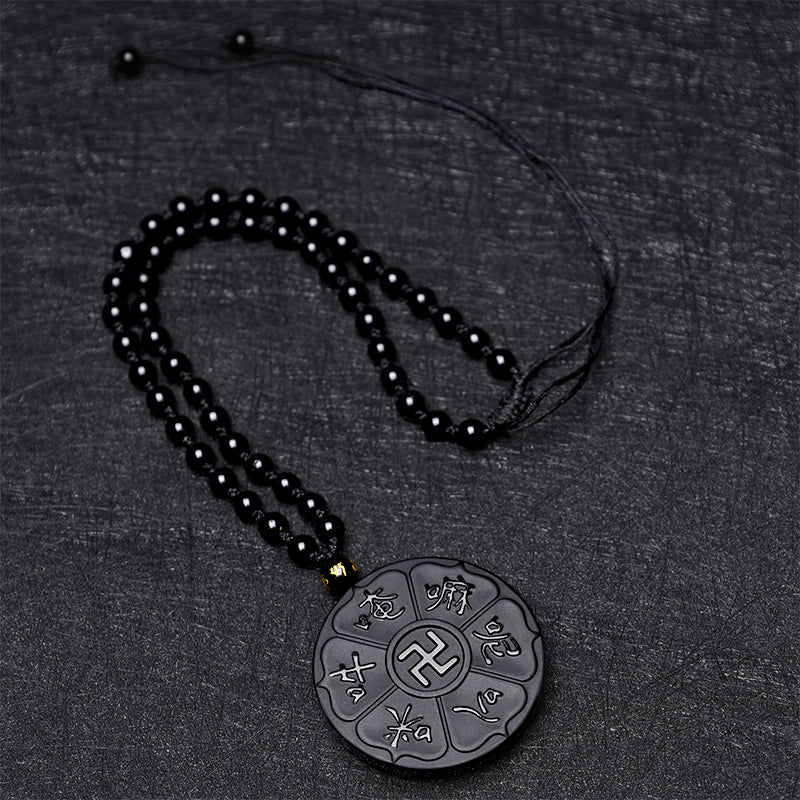 BWOOOH Natural Black Obsidian Tibetan Om Mani Padme Hum Buddha Swastika Luck Necklace Pendant