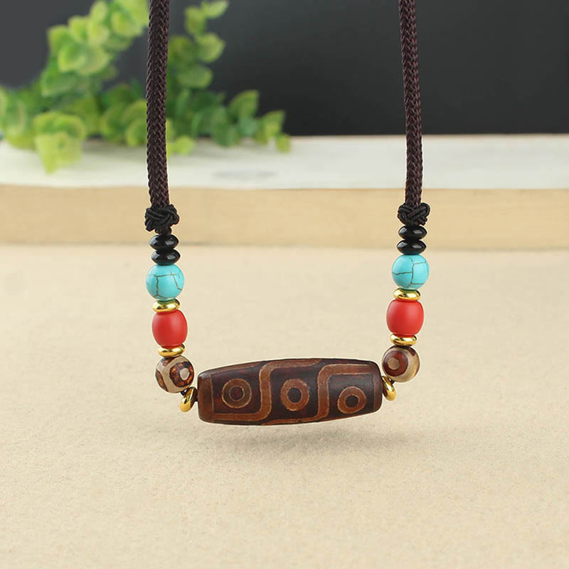 BWOOOH Tibetan Nine-Eye Dzi Bead Three-eyed Dzi Bead Protection String Necklaces Pendant