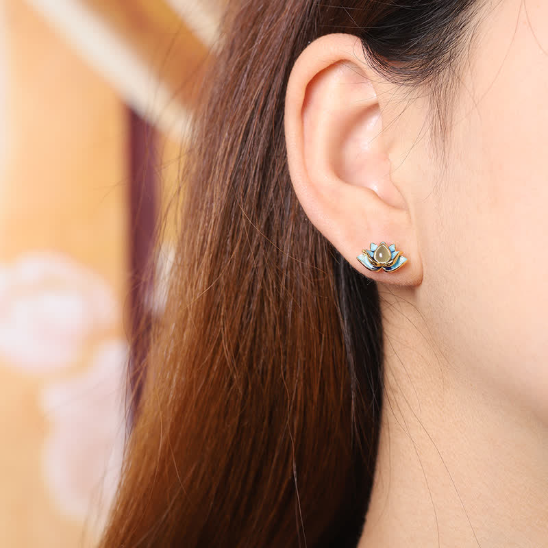 BWOOOH 925 Sterling Silver Hetian Cyan Jade Lotus Flower Success Earrings