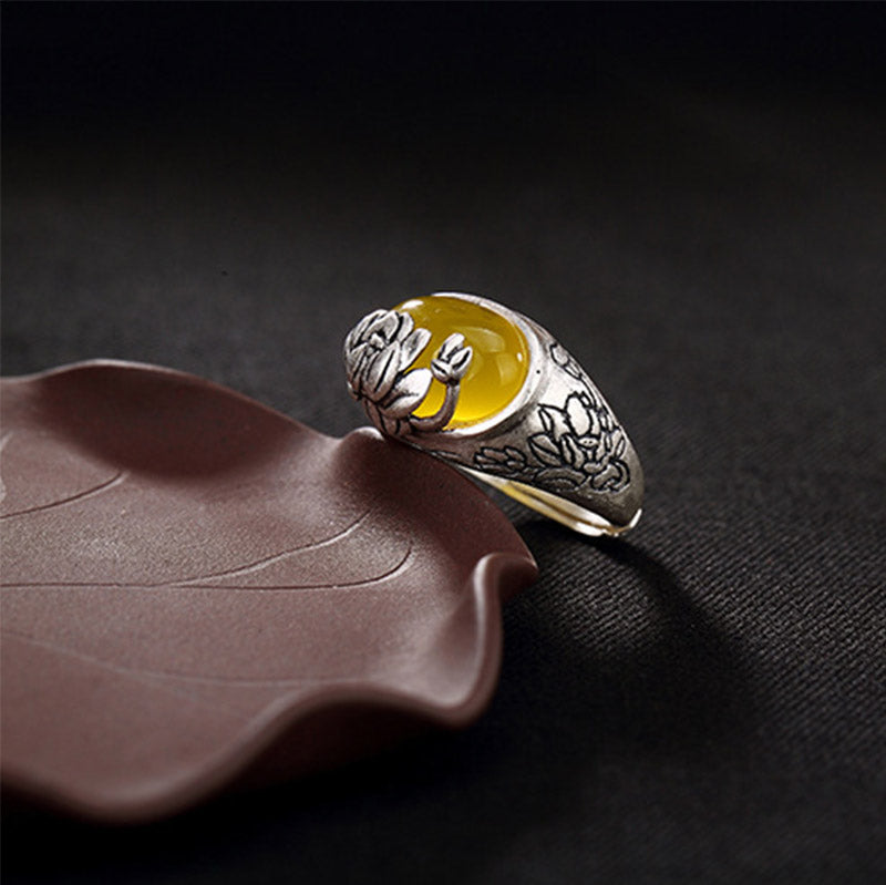 BWOOOH Citrine Lotus Blessing Protection Adjustable Ring