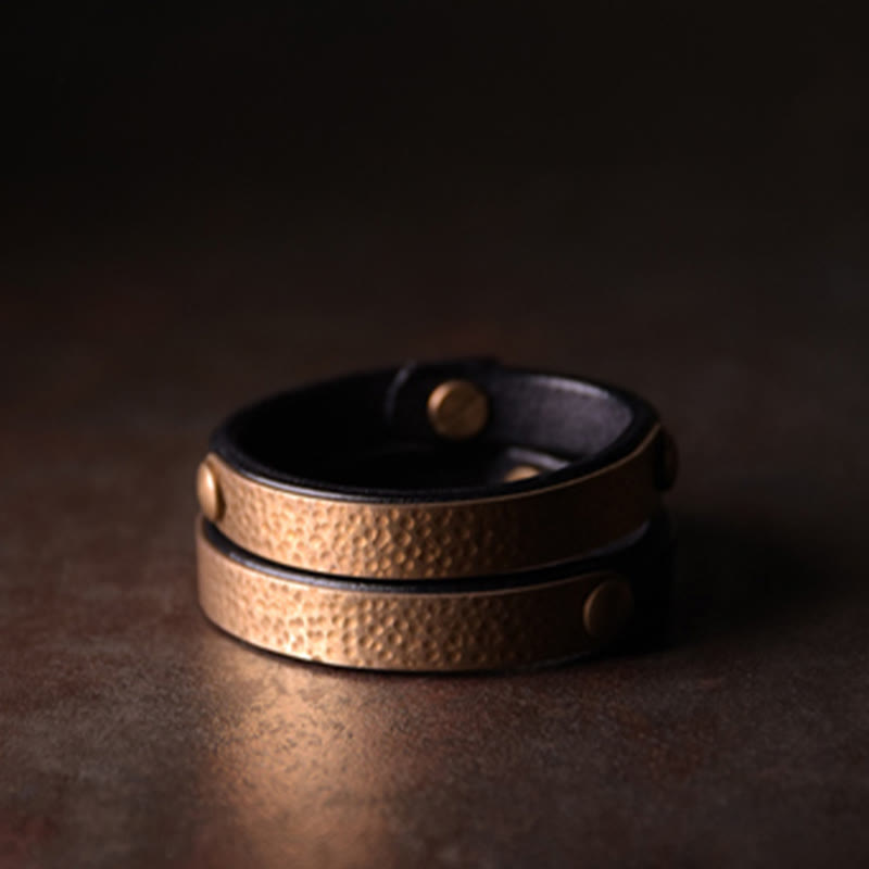 BWOOOH Vintage Handmade Texture Copper Brass Leather Wealth Bracelet Bangle