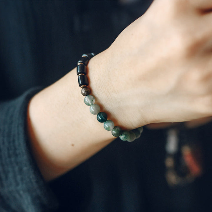 BWOOOH Ebony Wood Red Jasper Moss Agate Crystal Copper Peace Couple Bracelet