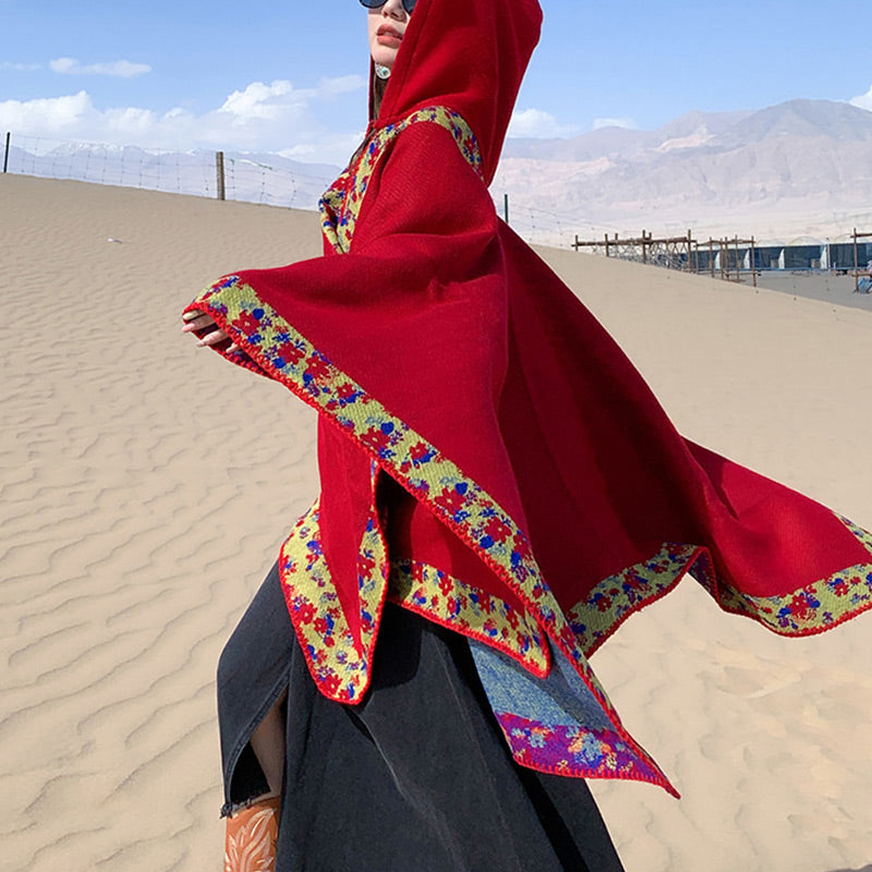 BWOOOH Tibetan Shawl Border Small Floral Flower Hooded Cl