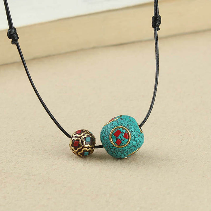 BWOOOH Tibetan Turquoise Double Bead Protection Strength Necklace Pendant