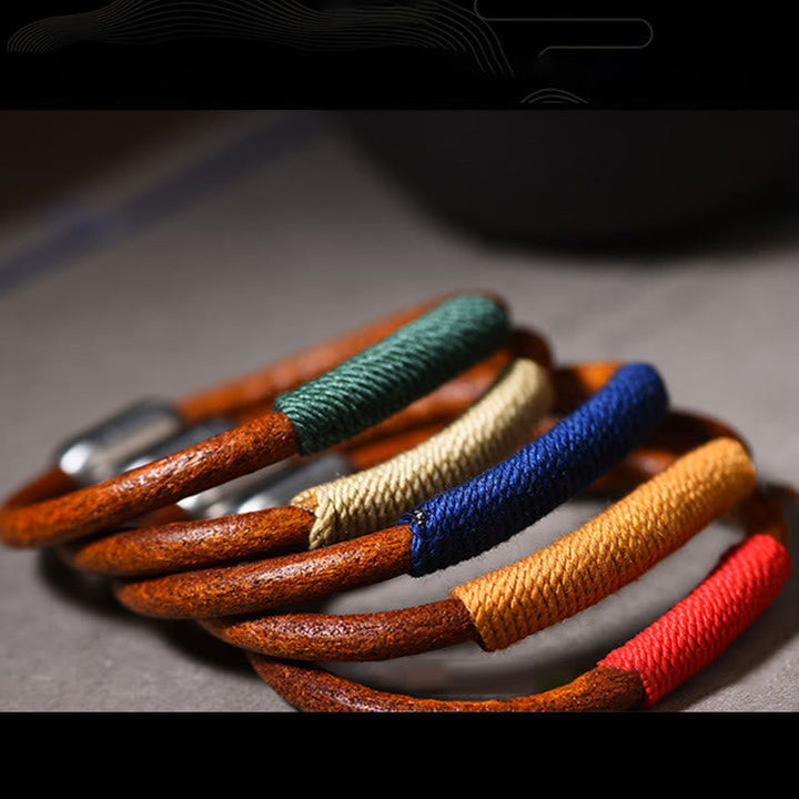BWOOOH Tibetan Leather Handmade Five Elements Luck Braid String Buckle Bracelet