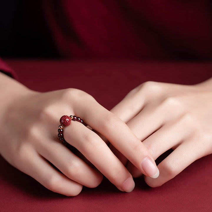 BWOOOH Garnet Cinnabar Lucky Bead PiXiu Om Mani Padme Hum Rose Protection Ring