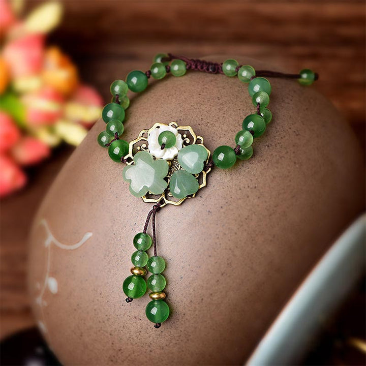 BWOOOH Natural Green Jade Luck Dangling Flower Bracelet