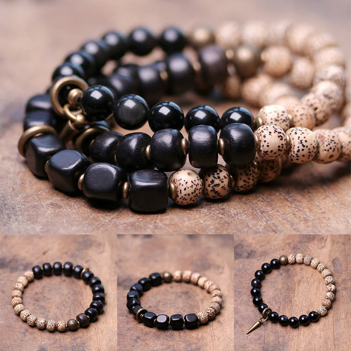 BWOOOH Tibetan Bodhi Seed Black Obsidian Ebony Wood Copper Peace Bracelet