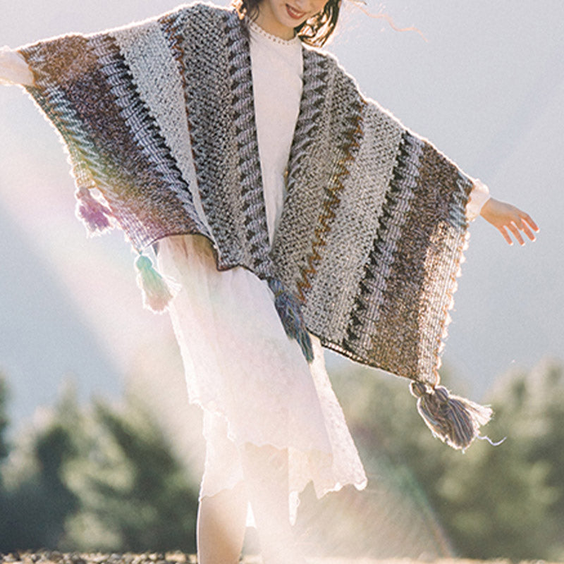 BWOOOH Tibetan Shawl Gray Brown Striped Knitted Tassels W