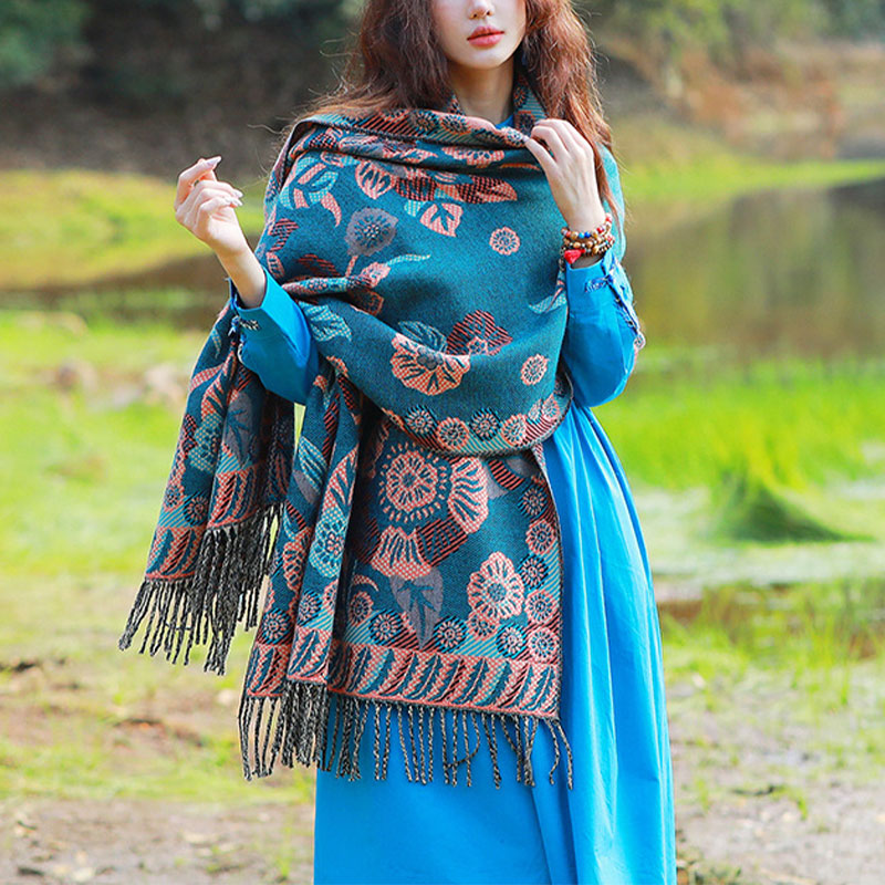 BWOOOH Tibetan Flower Floral Leaves Pattern Design Shawl 