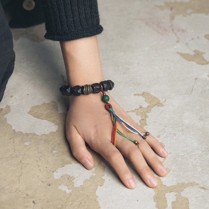 BWOOOH Tibet Ebony Wood Copper Peace Tassel Wrist Mala Bracelet