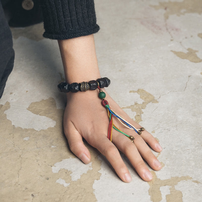 BWOOOH Tibet Ebony Wood Copper Peace Tassel Wrist Mala Bracelet