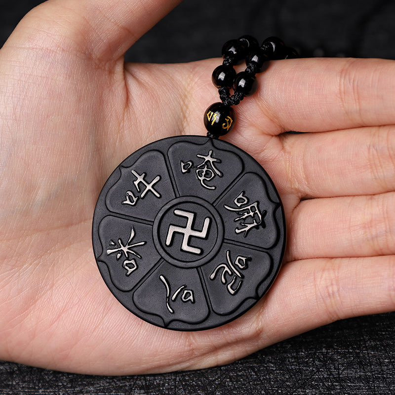 BWOOOH Natural Black Obsidian Tibetan Om Mani Padme Hum Buddha Swastika Luck Necklace Pendant