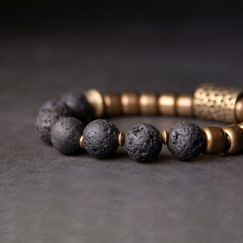 BWOOOH Lava Rock Stone Rainbow Obsidian Brass Support Healing Bracelet
