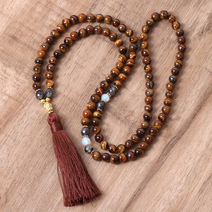 BWOOOH Tibetan Tiger Eye Buddha strength power beaded tassel pendant necklace — Tibetan Buddhist necklace for protection courage and wisdom