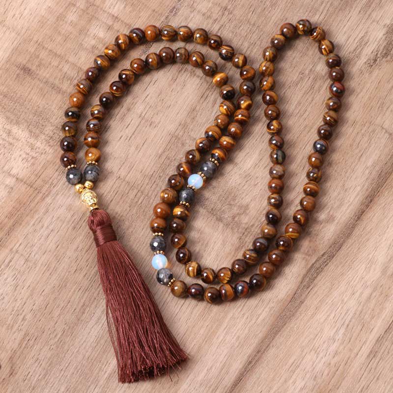 BWOOOH Tibetan Tiger Eye Buddha strength power beaded tassel pendant necklace — Tibetan Buddhist necklace for protection courage and wisdom