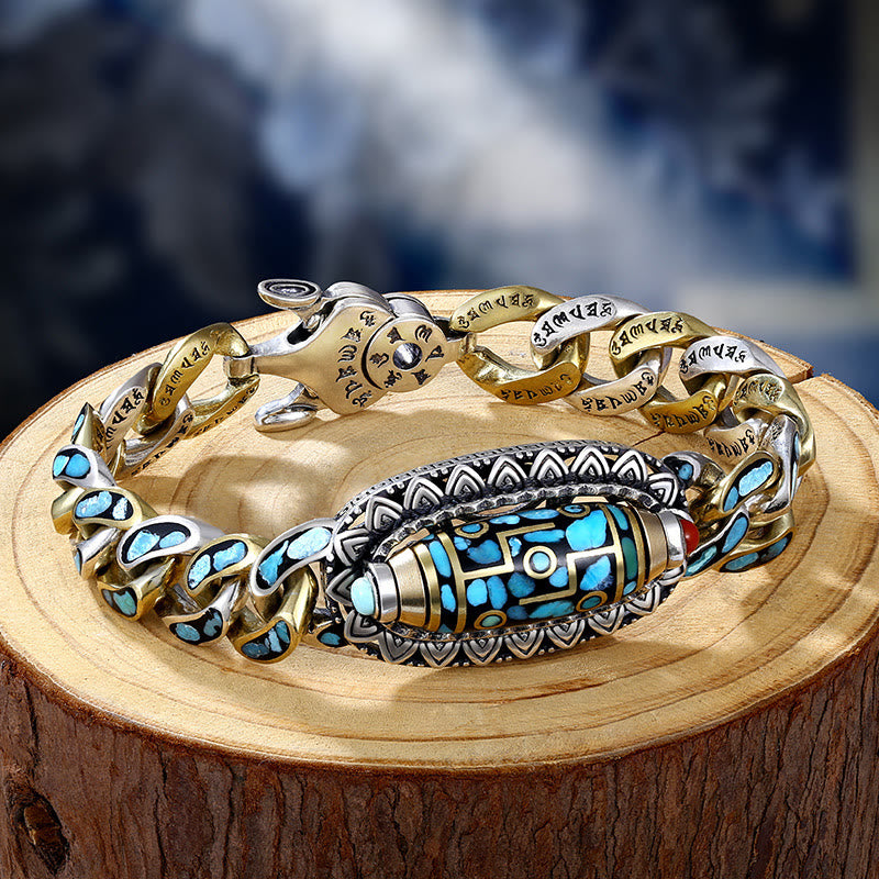 BWOOOH Tibetan Nine-Eye Dzi Bead Om Mani Padme Hum Turquoise Protection Rotatable Bracelet